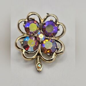 Vintage Sparkly Aurora Borealis Rhinestone Four Leaf Clover Pin Brooch, c. 1950s